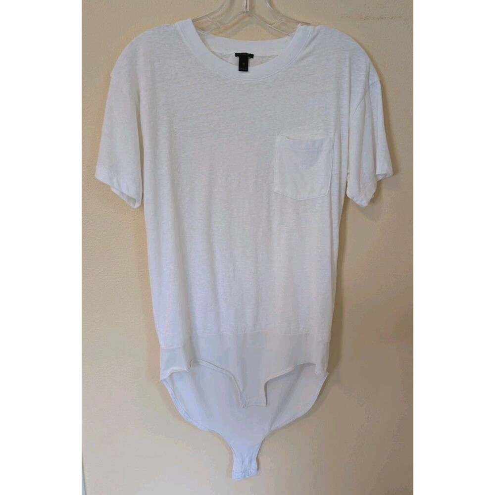 J. Crew Bodysuit Med White Pocket Semi Sheer Preppy Minimalist Capsule Coastal